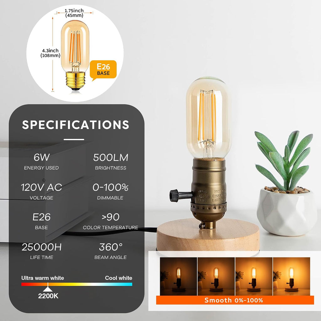 Amber Light Bulb,Dimmable Tubular led Bulb, T45 edison Bulbs, 60W, 6W 500lm