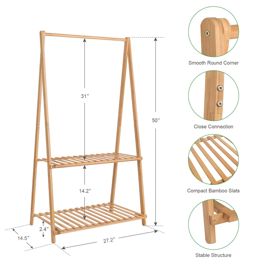 Bamboo Child Garment Rack Foldable with 2 Tier Storage Shelf