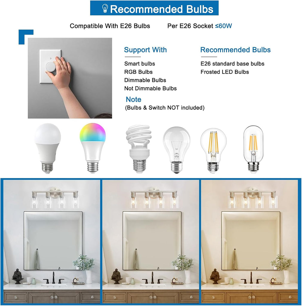 4 Light Bathroom Vanity Light, Brushed Nickel 4-Light Bathroom Light Fixtures, Vanity Lights for Make-Up Mirror