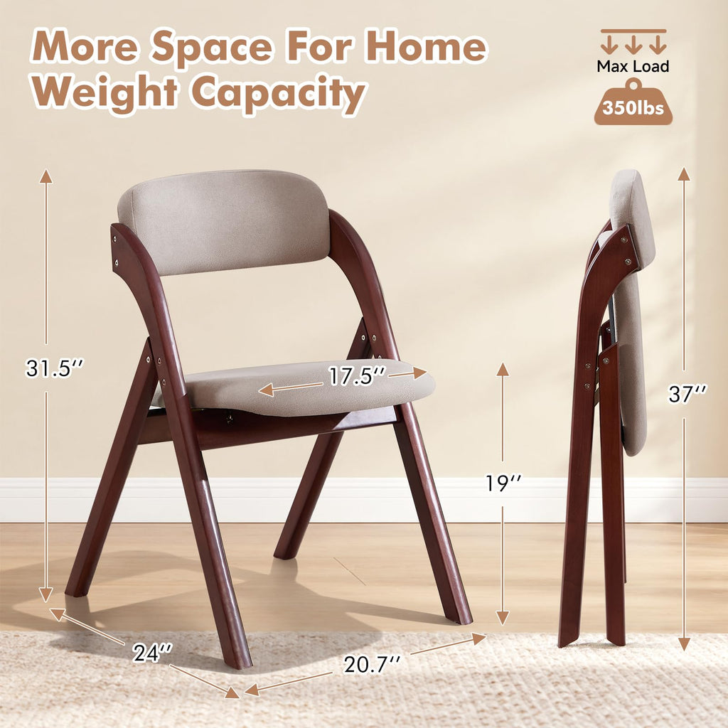 Folding Chairs with Cushion Set of 2, Linen Padded Foldable Dining Chairs, Walnut Wood Folding Dining Chairs