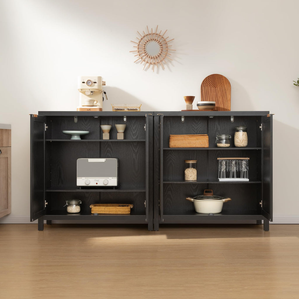 Rattan Black Sideboard Buffet Storage Cabinet with Large Storage