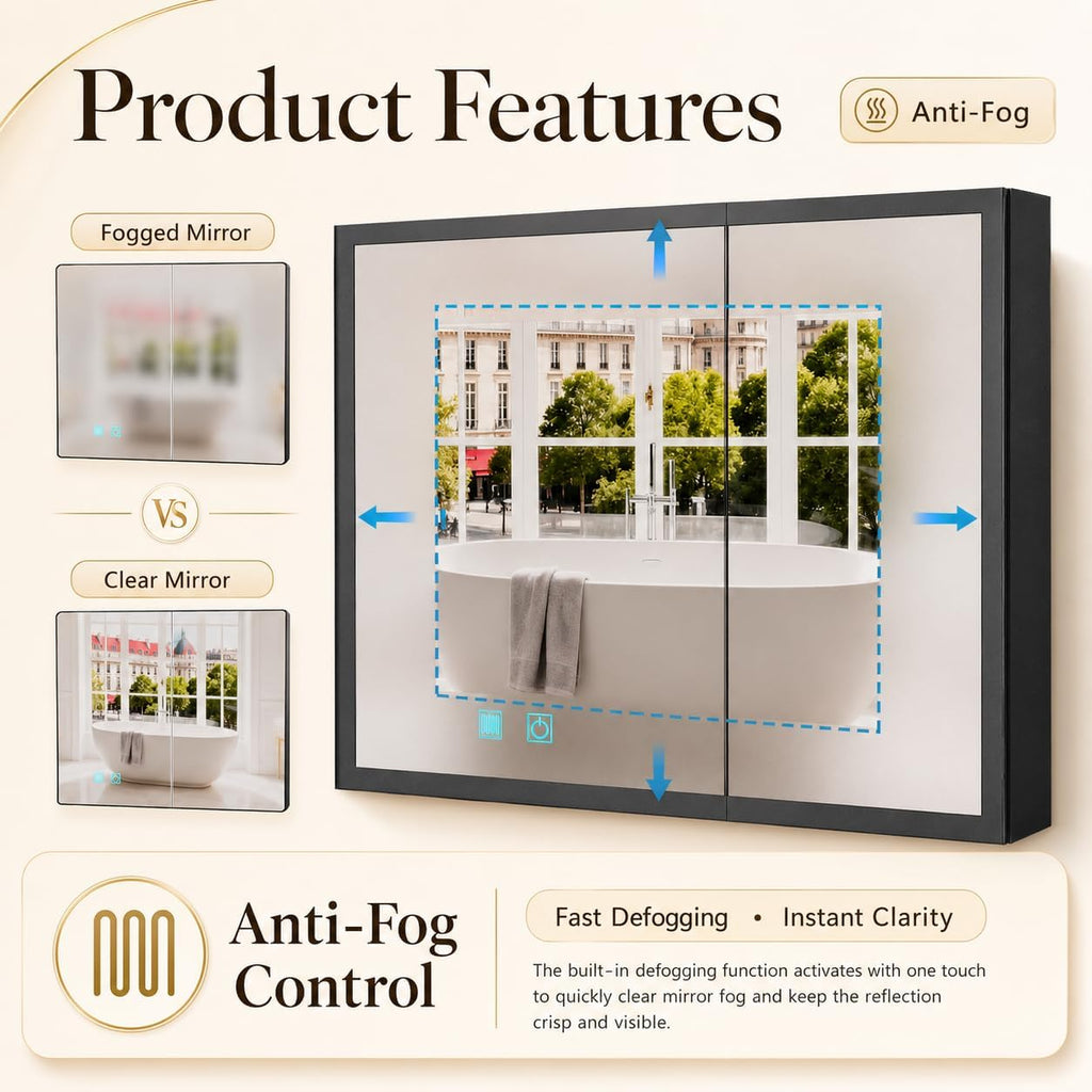 LED Bathroom Medicine Cabinet with Mirror, Anti-Fog, Single-Color White LED Light, Aluminum Wall-Mounted Storage