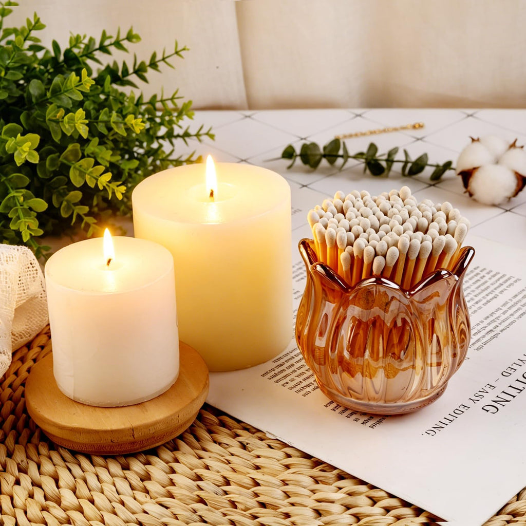 Glass Candlestick Holders,Match Holder with Striker x 4,Match Box,Matchstick Holder Jar for Scented Candle on Dining - Set of 2