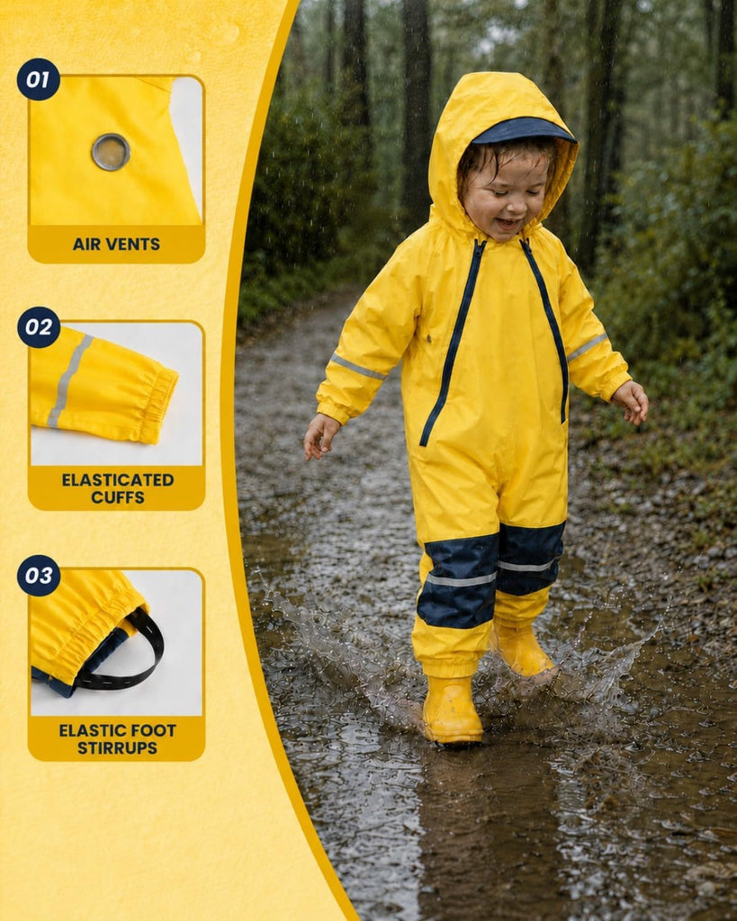 Kids Waterproof Rain Suit Coverall, Hooded One-Piece Puddle Suit for Outdoor Play & Muddy Days