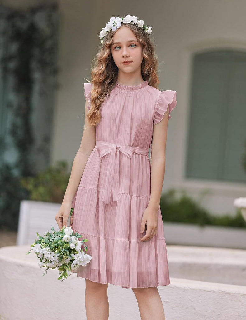 Tween Girls Summer Dress Formal Ruffle Sleeve A Line with Belt