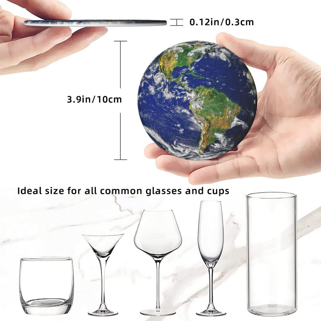 Planet Earth North And South America Map Coasters For Drinks Round Leather Coaster With Holder Set Of 6 For Tabletop