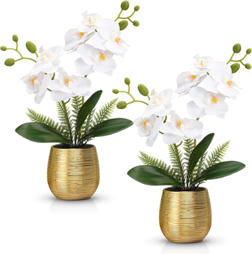 Orchids Artificial Flowers in Gold Ceramic Vase 13'' White Fake Flowers Phalaenopsis Faux Orchid Wedding Party - Set of 2
