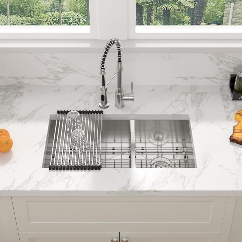 36 Undermount Kitchen Sink - 36" x 19" Undermount Double Bowl Sink 60/40 Low Divide Stainless Steel 16 Gauge Under