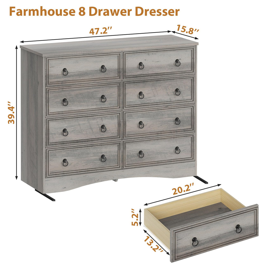 Grey 8 Drawer Dresser, Wood Chest of Drawers, Large Storage for Clothes, Vintage Design, 47.24W*15.75D* 39.4''H