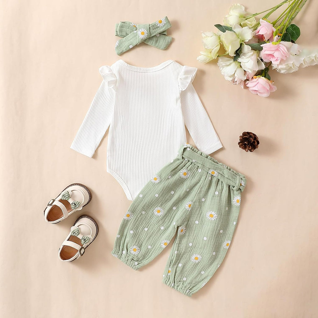 Newborn Infant Girl Clothes Rib Knit Romper Daisy Print Pants Headband Baby Clothes for Girls 0 3 6 12 18