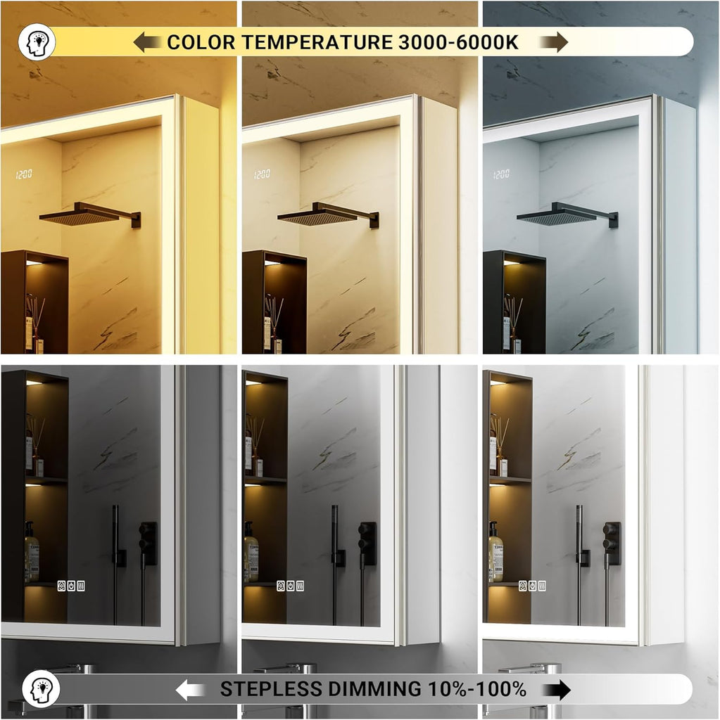 20x26 LED Medicine Mirror Cabinet, Beveled Brushed Nickel Frame | Lighted Aluminum Bathroom Cabinet, Surface or