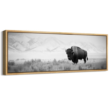 Large Framed Canvas Print Wall Art Monochrome Bison in the Plains Antique Retro Fine Art Illustrations Decorative