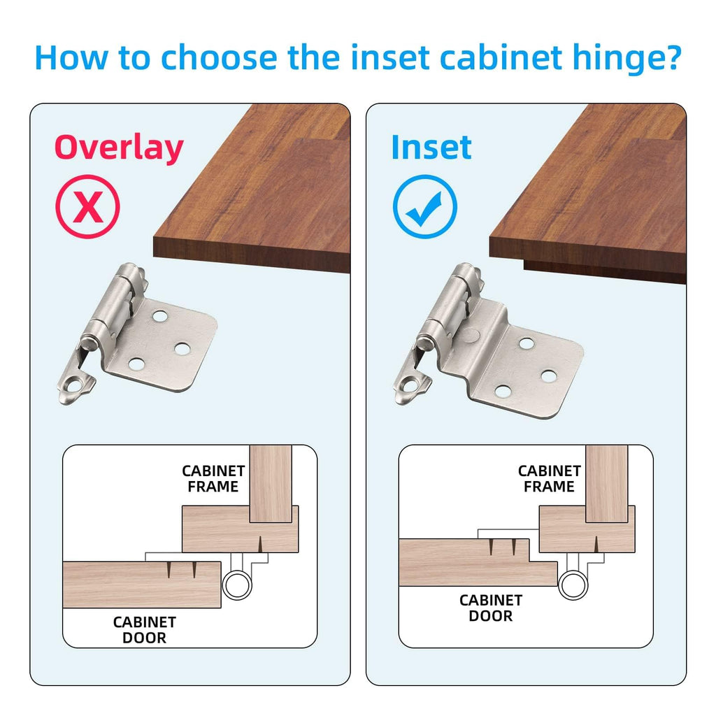 50 Packs (25 Pairs) 3/8" Inset Satin Nickel Cabinet Hinges, Self Closing Cabinet Door Hinges with Door Bumper