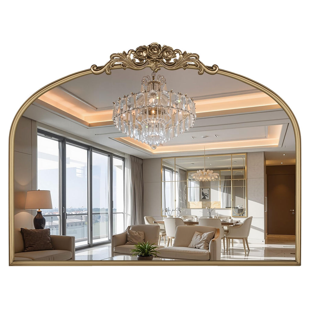 40"x30" Vintage Gold Mirror, Large Arched Baroque Wall Mirror