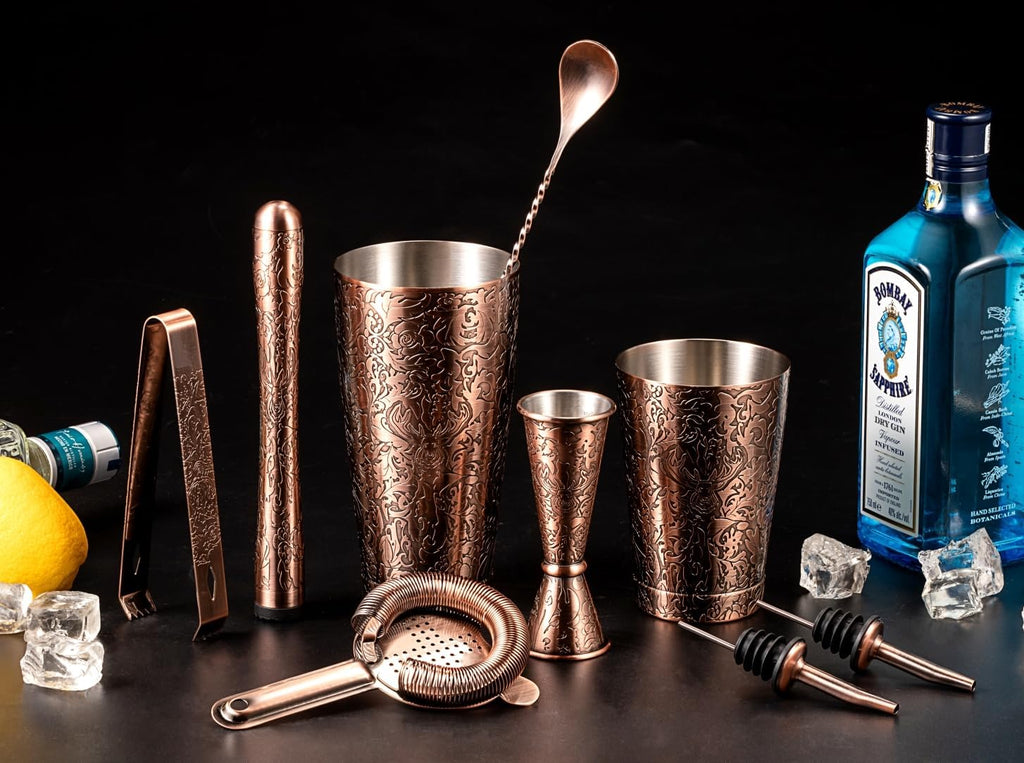 3D Etched 18-Piece Bartender Kit Stainless Steel Boston Cocktail Shaker Set Copper Plated Bartending Tools Suit - Set of 18