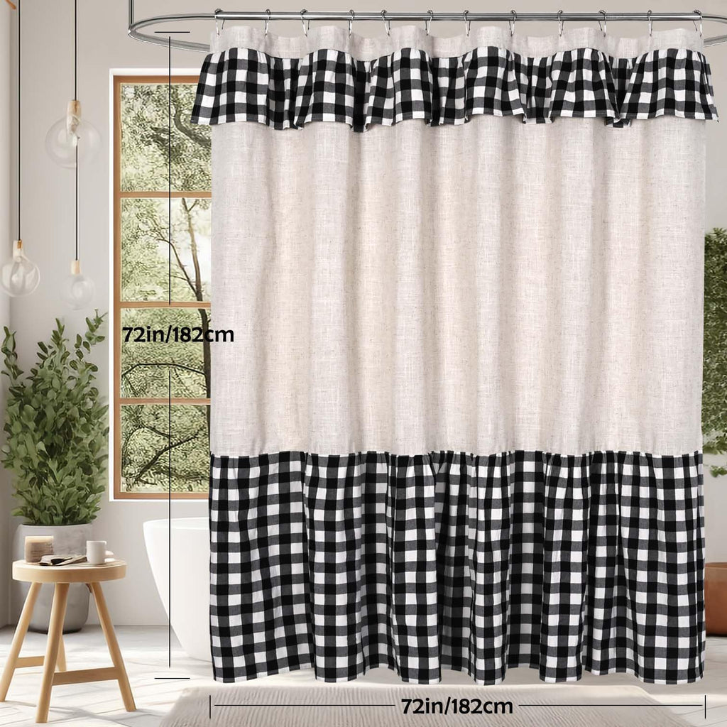 Ides Farmhouse Ruffle, Linen and Black Plaid Patchwork, Natural Bathroom Decor, Textured Weave for Modern and Shabby