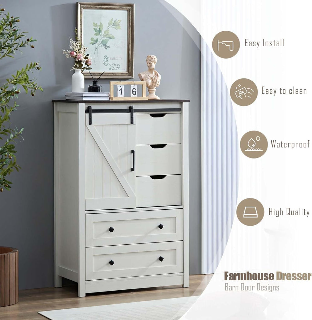 Antique White with 5 Drawers, 5 Chest of Drawers with Sliding Barn Door, Farmhouse