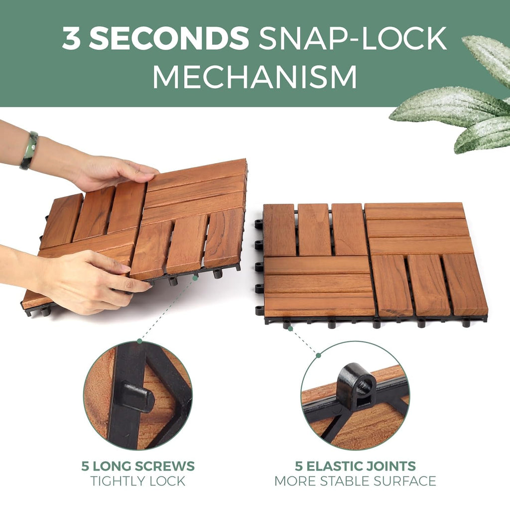 Teak Deck Tiles (Pack of 9) Hardwood Interlocking Patio Deck Tiles, Teak Wood Deck Tiles Interlocking Outdoor, Patio