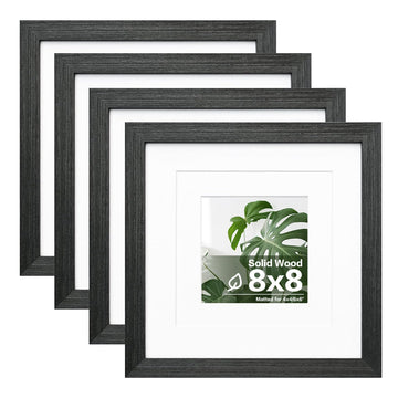 8x8 Picture Frames Made of Solid Wood with Plexiglass, Display Pictures 4x4/6x6 with Mat or 8x8 Without Mat Set of 4