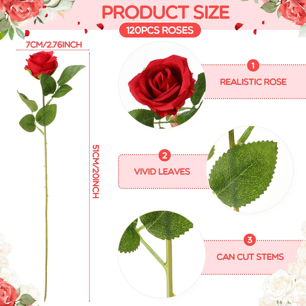 120 Pcs Artificial Roses Bulk, Long Stem Silk Bouquets, Red