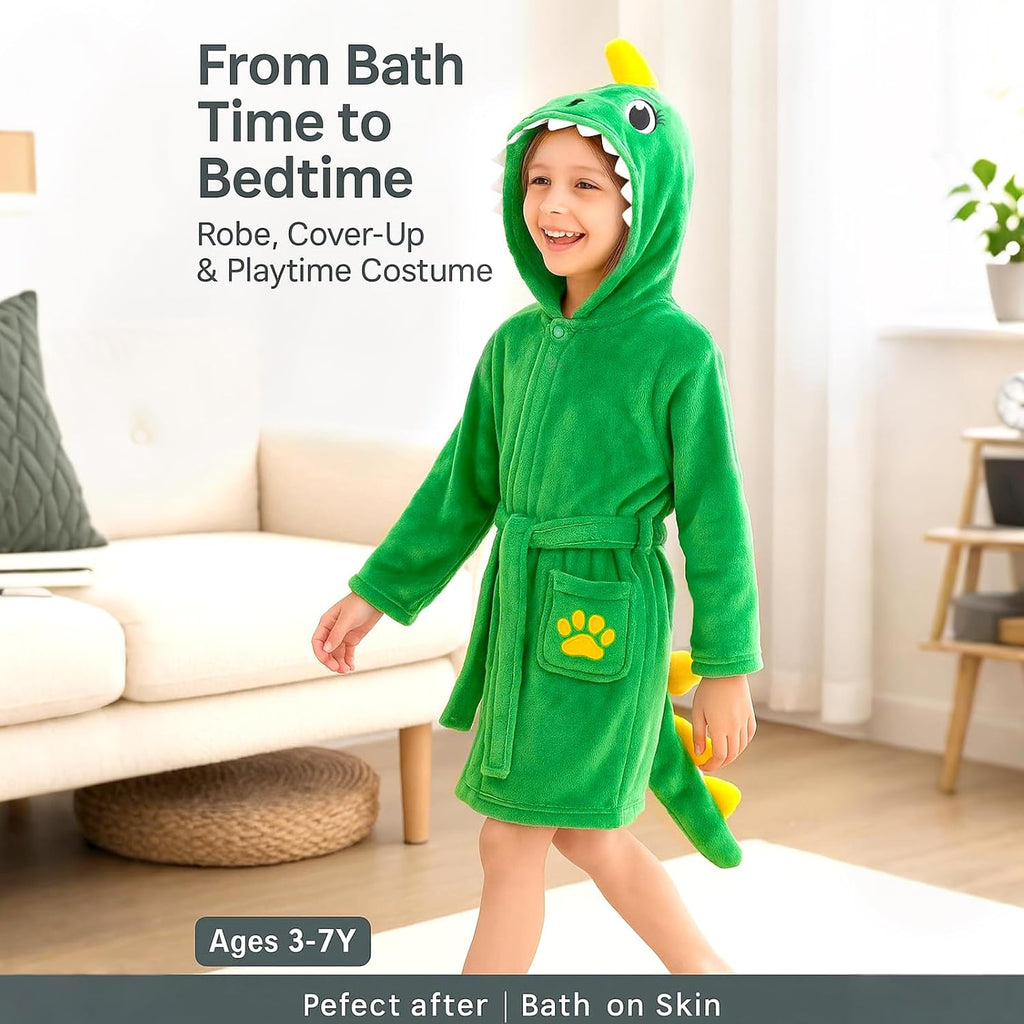 Toddler Dinosaur Lamb Hooded Bathrobe - Soft Flannel Robe with Tail, Belt & Pockets, Cozy Robe for Kids