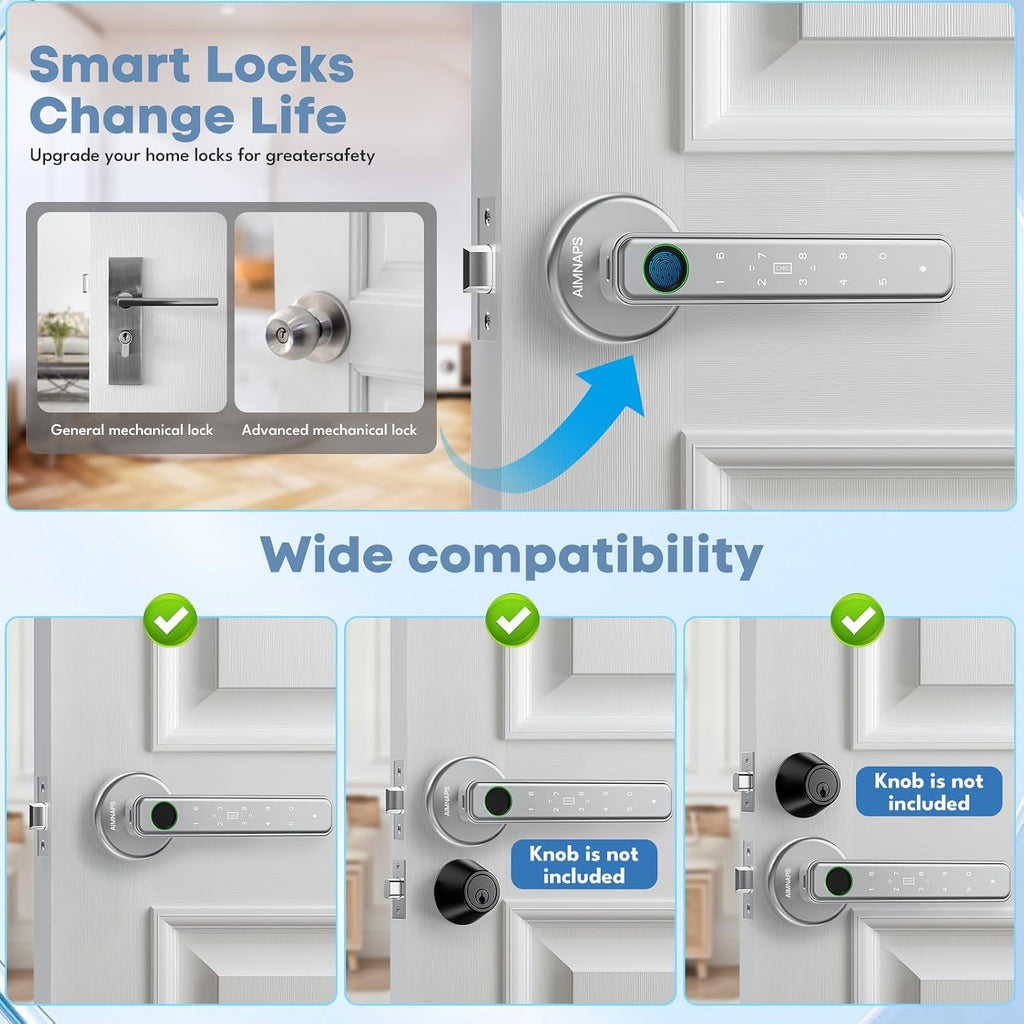 Fingerprint Door Lock, Door Locks , Keyless Entry Door Knob with Handle,Generate Passcode Remotely-Smart Door Lock