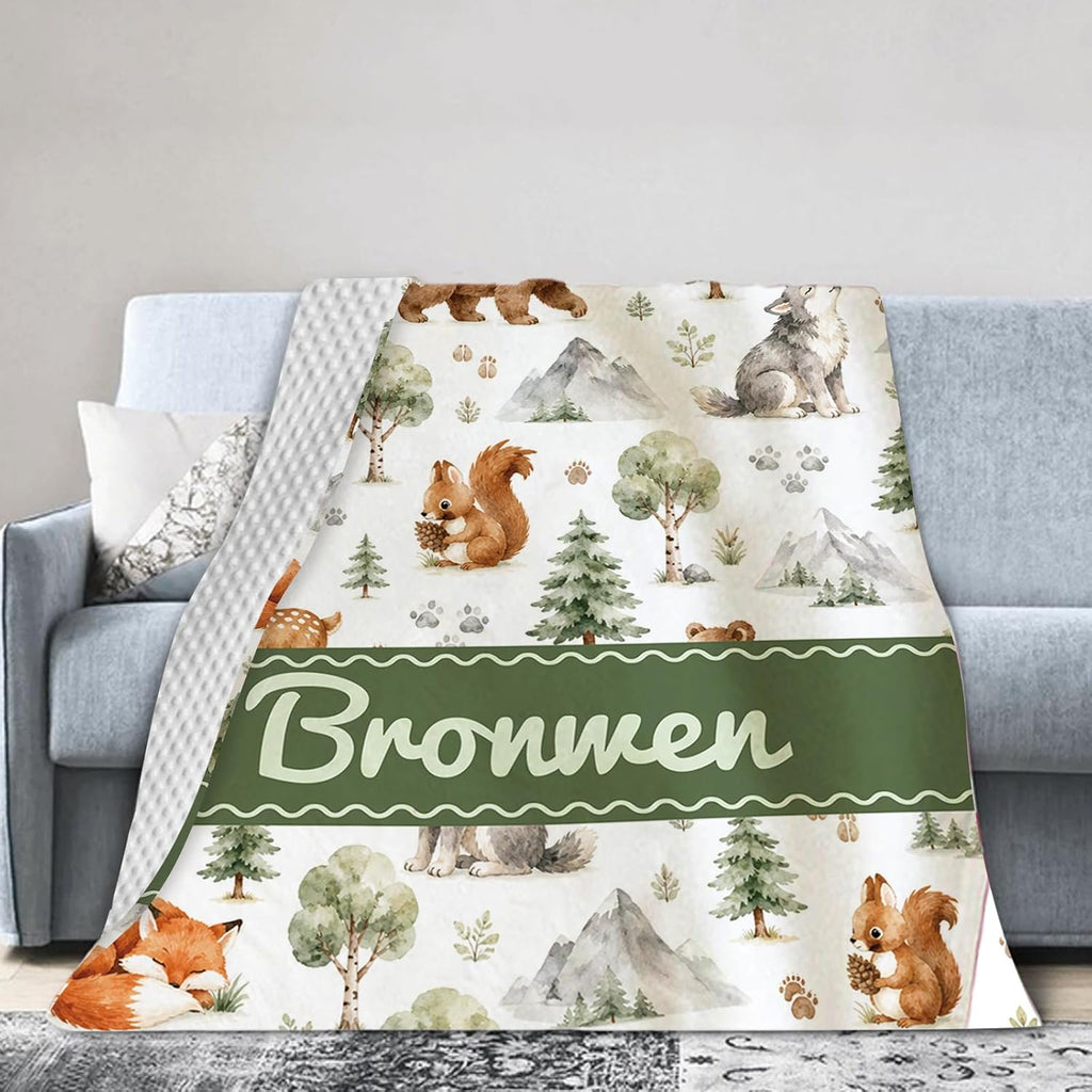 Boy Blanket with Name, Custom Minky Dot Baby Blankets with Woodland Theme, Soft Plush Crib Blanket Decor