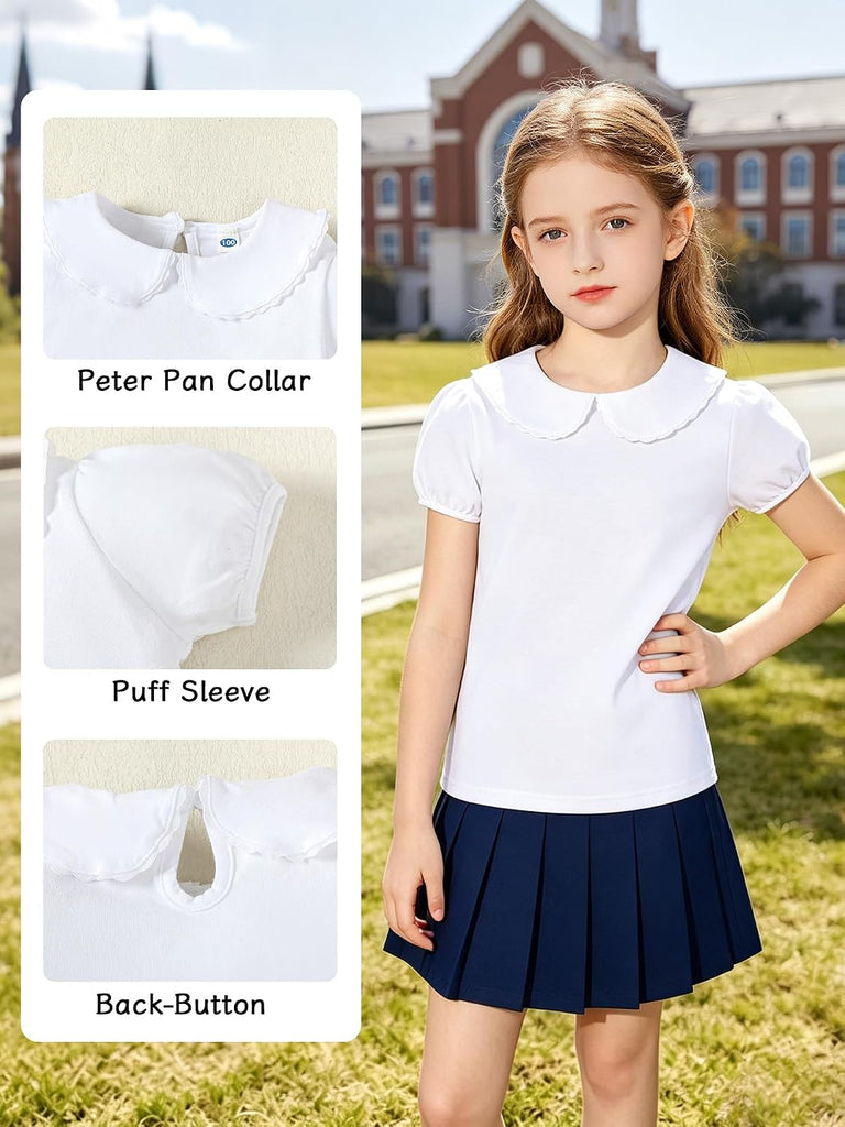 Girls Peter Pan Collar Blouse Kids Short Sleeve School Shirt