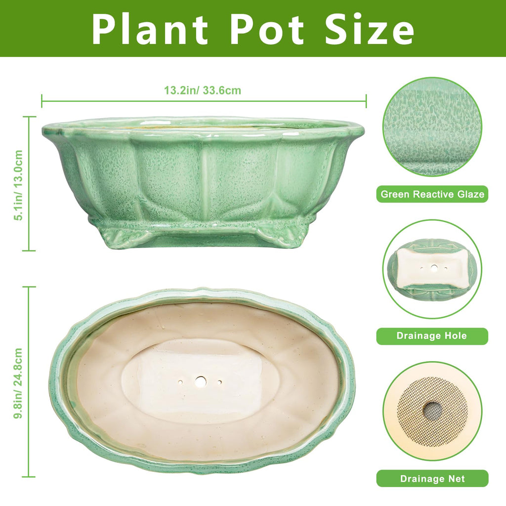 Bonsai Tree Pot - 13.2 Inch Large Ceramic Succulent Planter for Indoor Outdoor, Oval Plant Pot with Drainage Hole