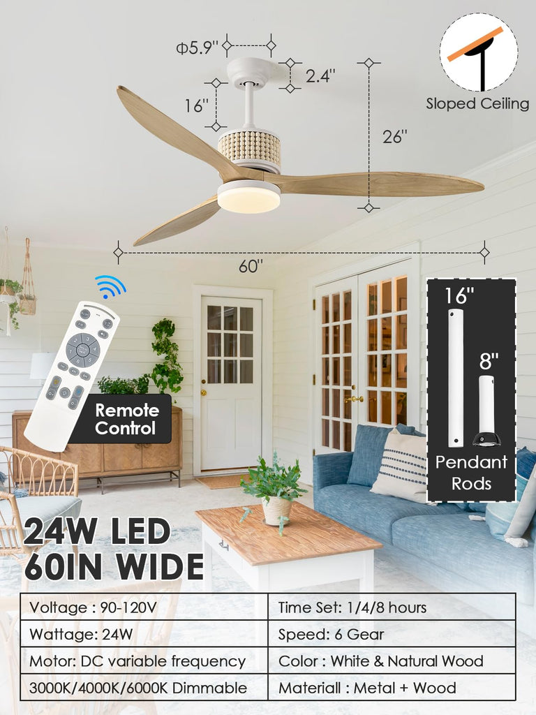 60in Boho White Ceiling Fan Lights with Remote Control 3 Blade Wood Bead Ceiling Fans with Light Coastal Natural Wood