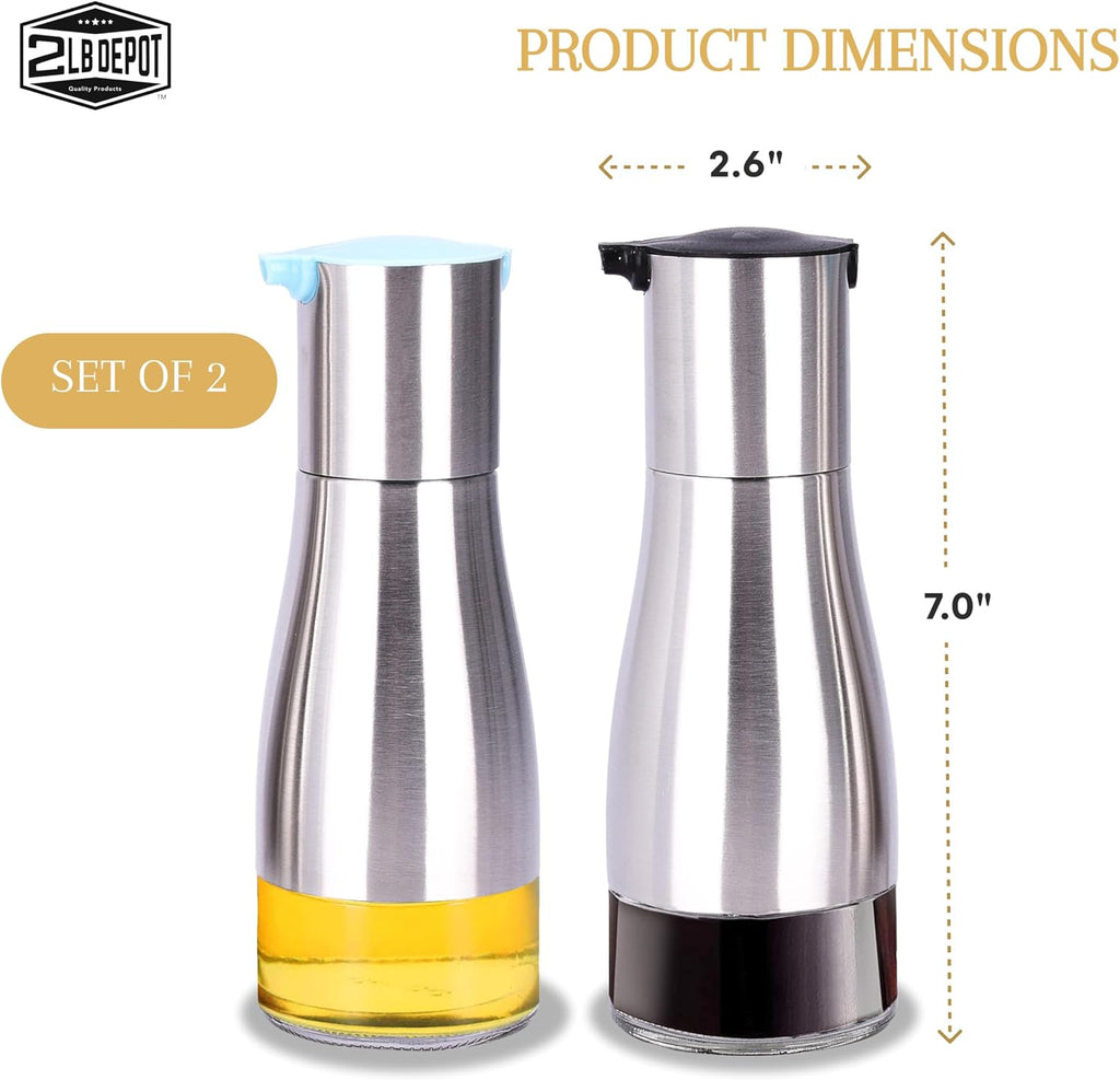 2LB Depot Oil and Vinegar Dispenser Set - Brushed Steel & Glass Containers with Anti-Drip Spout Lid - Easy-Clean - Set of 2