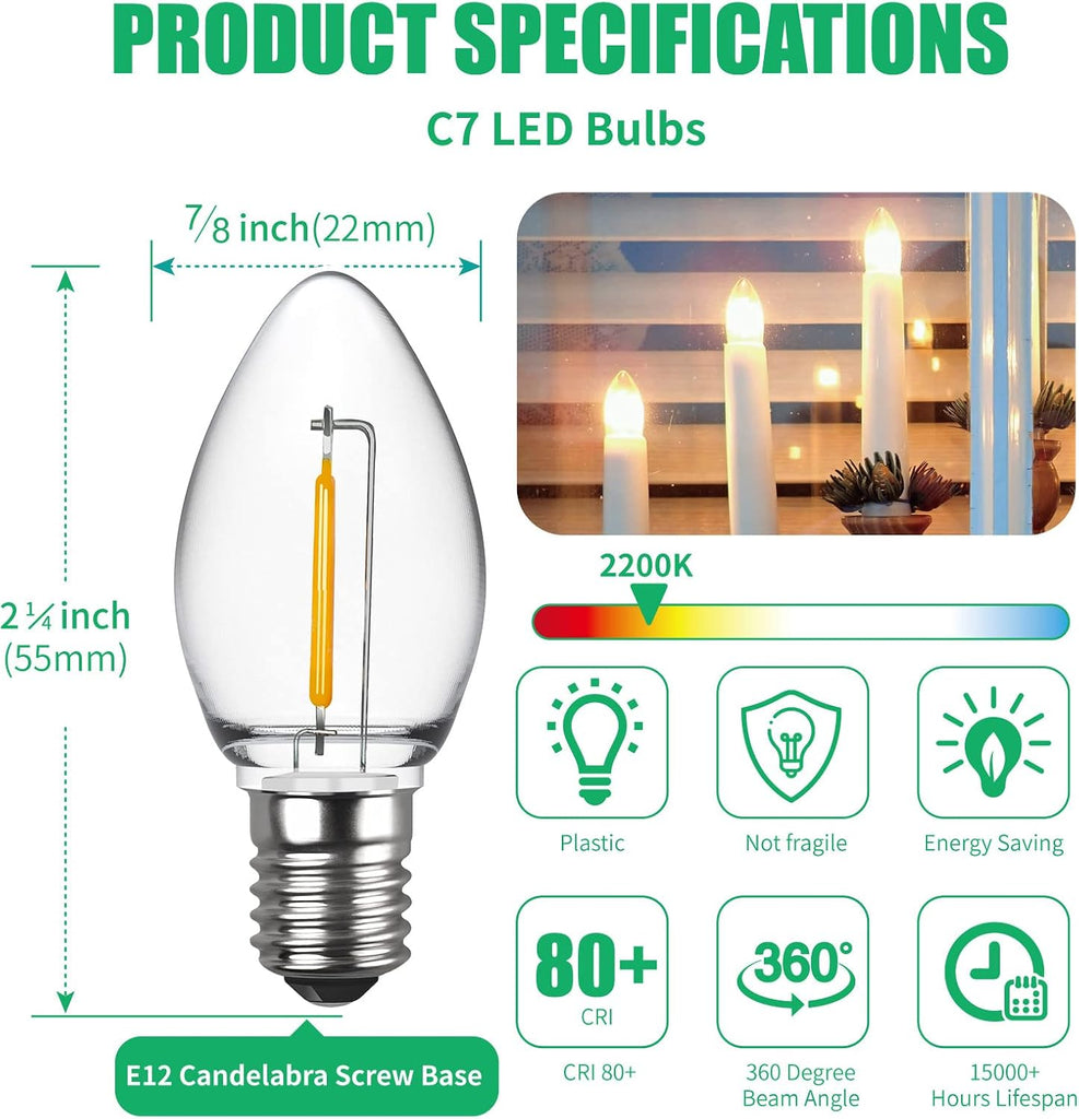 C7 LED Night Light Bulbs, E12 Candelabra Base, Warm White