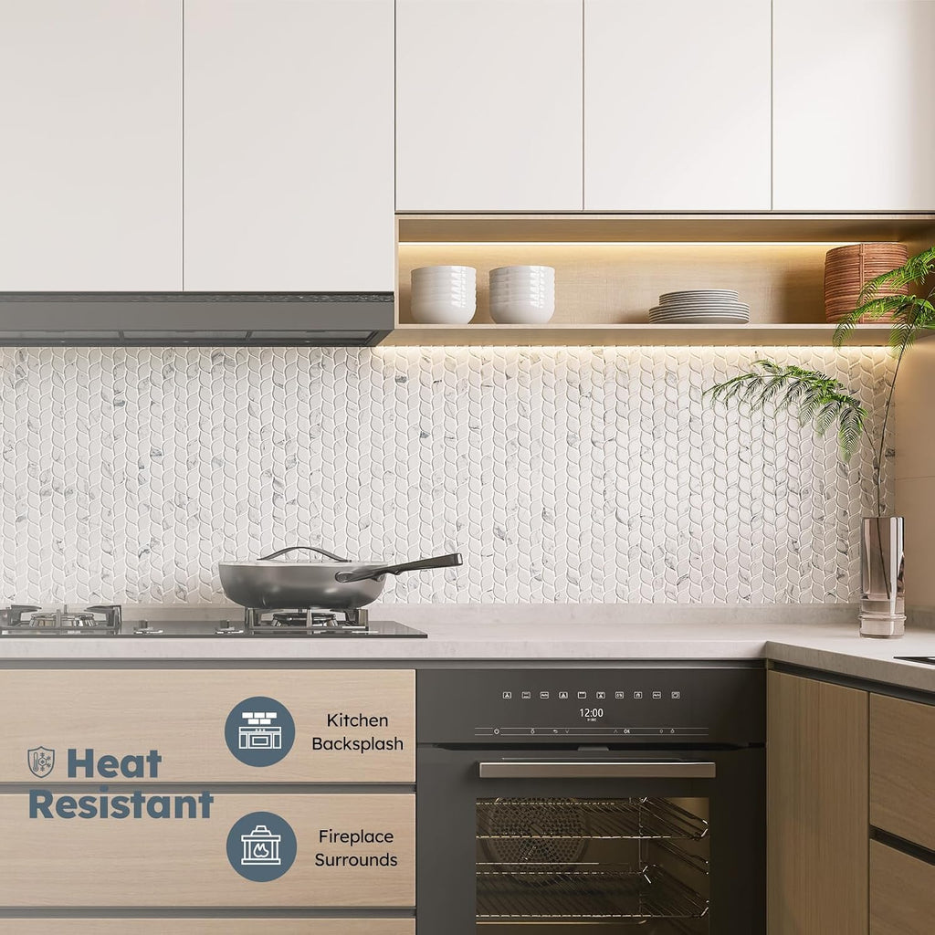 Recycled Glass Backsplash Tile, White Marble Leaf-Shaped, 5 Sheets | Mesh Mounted, 3D Faux Stone, Glass Mosiac