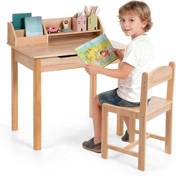 Wood Kids Desk and Chair Set, Height Adjustable Children Study Desk with Flip-Top Storage, Book Rack and Hutch