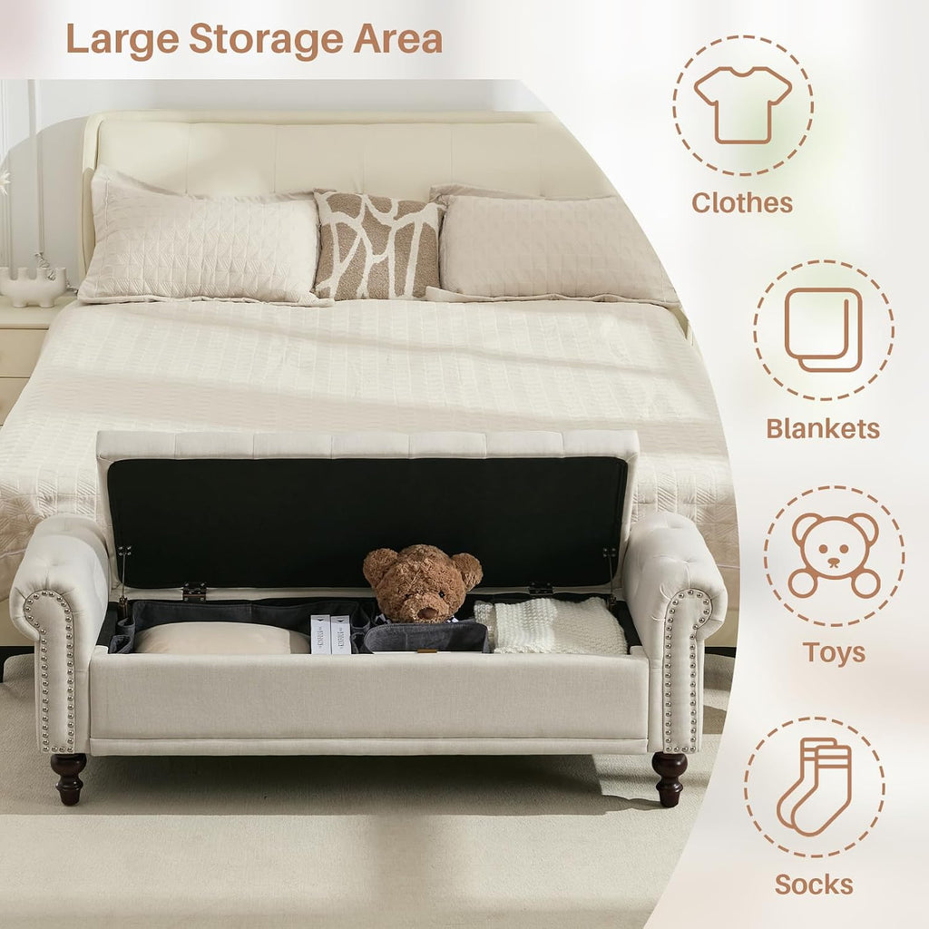 King Size 58'' End of Bed Storage Bench with Tufted Button & Rolled Arms | Linen Storage Ottoman Bed Benches Large