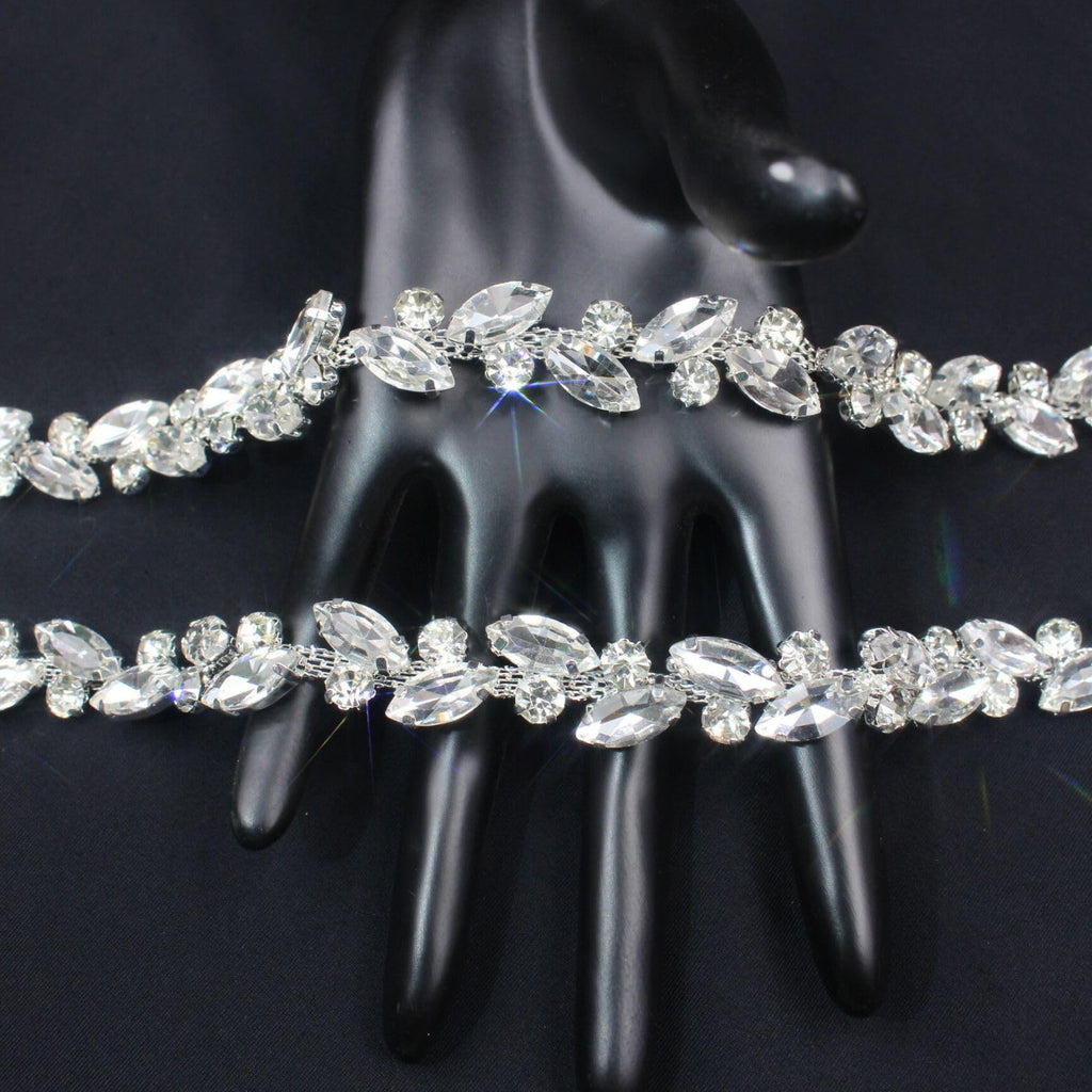 Rhinestone Trim Chain Silver String Strips Crystal Applique Fringe Ribbon Beads Sewing for Dress DIY Party - 1 Yard