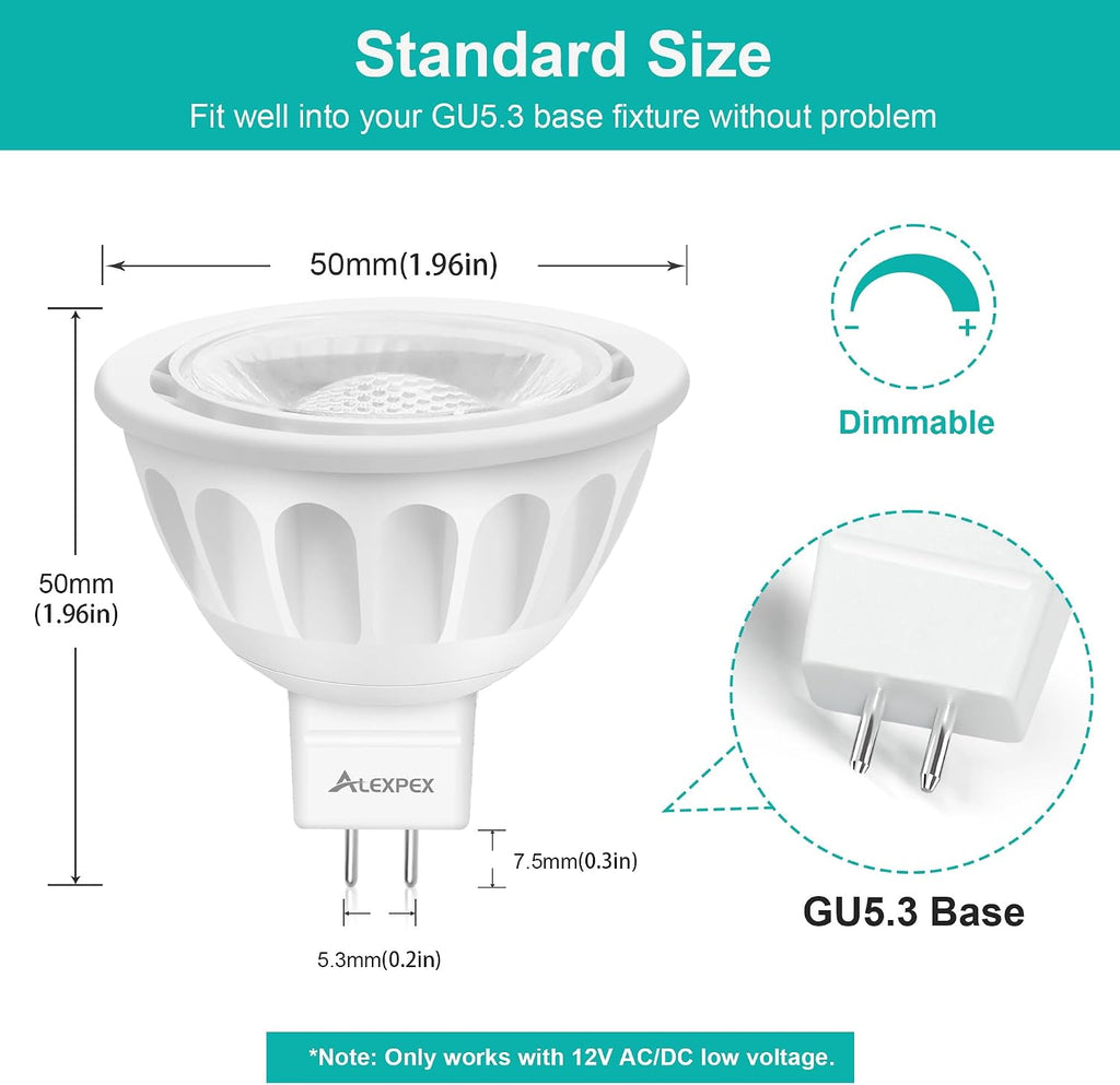 Dimmable MR16 LED Bulbs 10 Pack,5W 5000K Daylight 500LM (50W Equivalent) AC/DC 12V GU5.3 Bi-Pin Base 40° Beam Angle