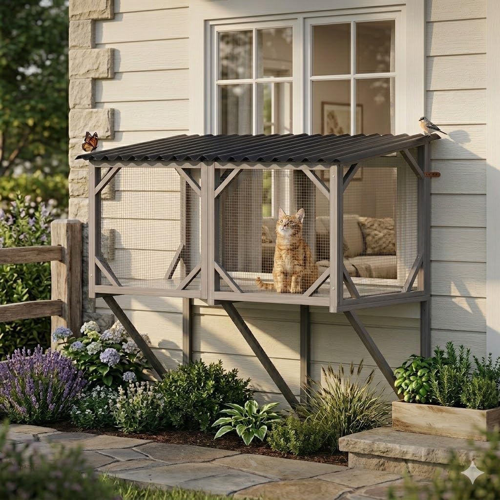Cat Window Box, Outdoor Window Catio Enclosure for Indoor Cats, Weatherproof UV-Resistant Wooden Cat Window Perch