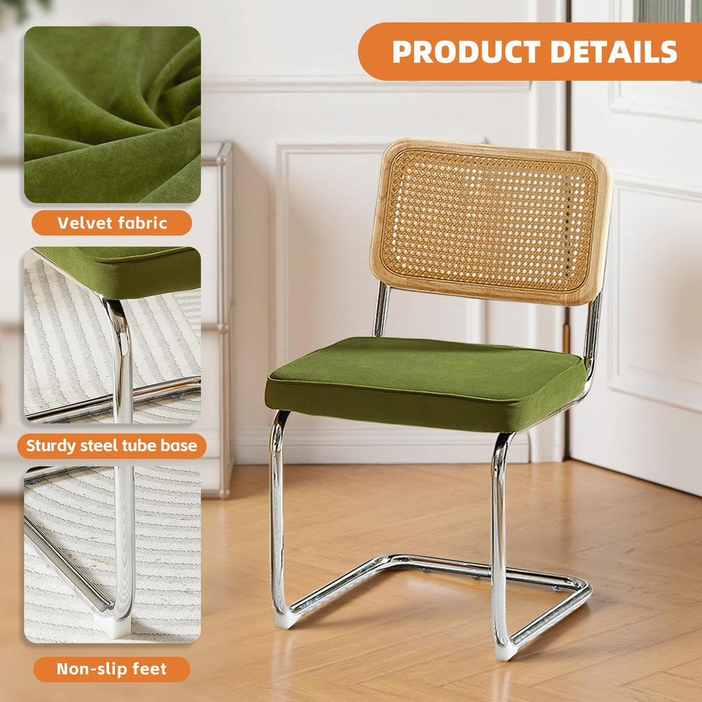Rattan Dining Chairs Set of 4, Velvet Cesca Chair Kitchen Chair, Olive Green