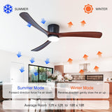 Modern 60 Inch Low Profile Flush Mount Ceiling Fan with LED Lights and Remote Control - 3 Wood Blades, Reversible DC Motor, 6 Speeds - Walnut and Matte Black