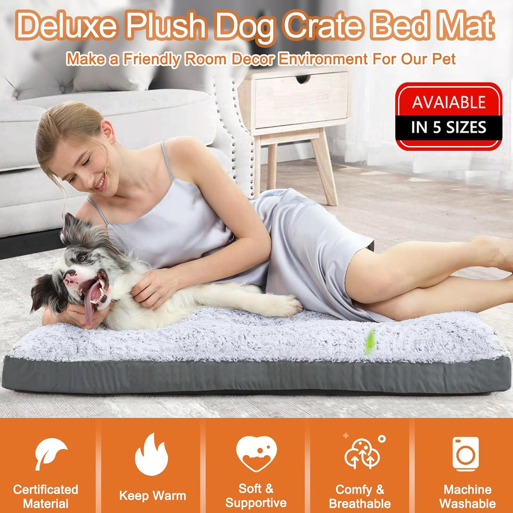 Deluxe Washable Dog Bed for Large Dogs Dog Crate Mat 35 Inch Comfy Fluffy Kennel Pad Anti-Slip for Dogs Up to 60 lbs