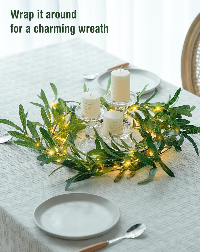 LED 6 Ft Artificial Olive Lighted Garland for Fireplace Decor - Set of 6
