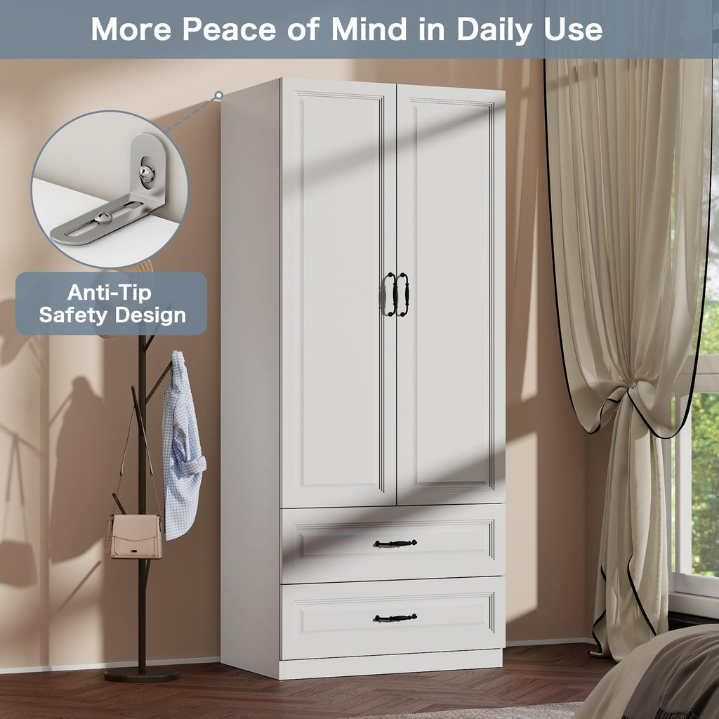 White Armoire Wardrobe Closet with 6 Drawers, 75" H x 95" W Armoire