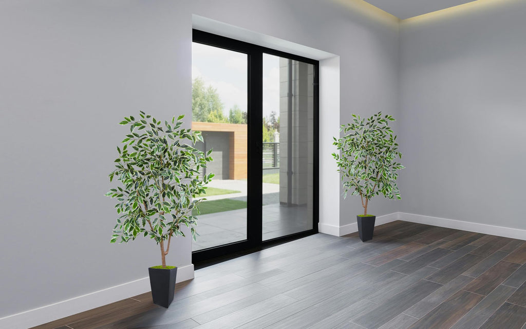 Artificial Ficus Plant 5ft, Fake Tree with Black Tall Planter, Faux Ficus Leaves Trees in Pot, Artificial Floor