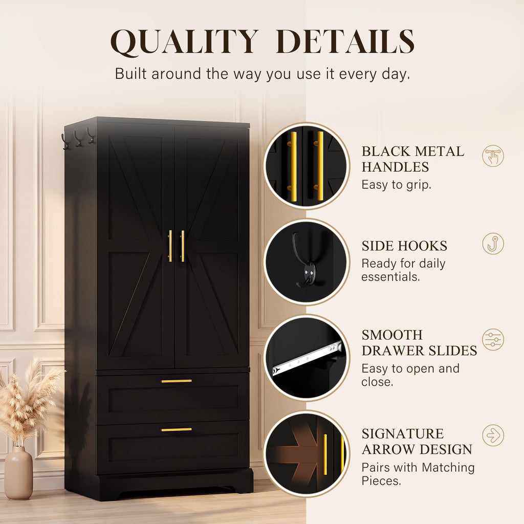 70.9" Armoire Wardrobe Closet with Sensor Light, 2 Drawers (Black)