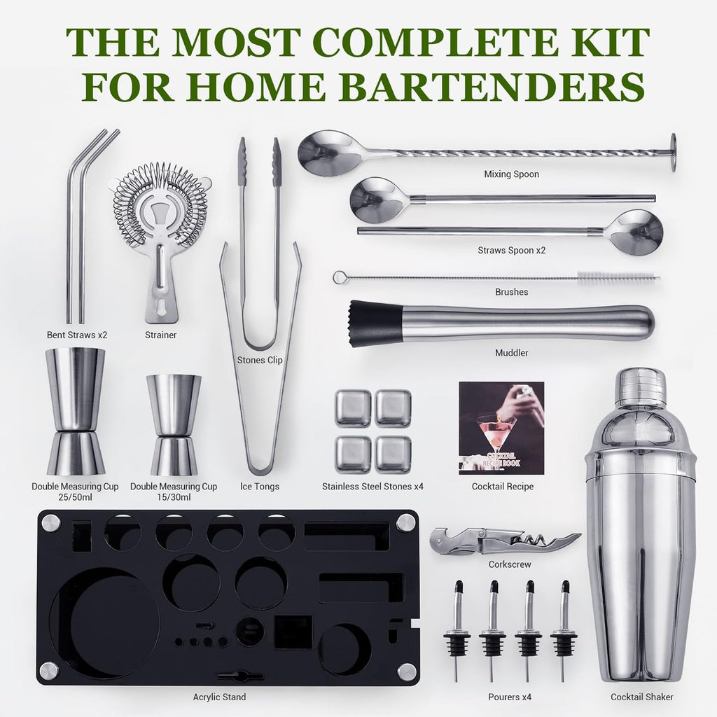 Cocktail Shaker Set, Bartender Kit with Stand 25oz Sliver - Set of 23