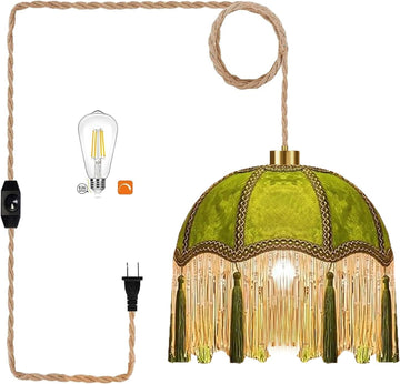 Plug in Pendant Light Fringe Hanging Lights with Plug in Cord Green Hanging Lamp Gold Mid Century Modern Vintage