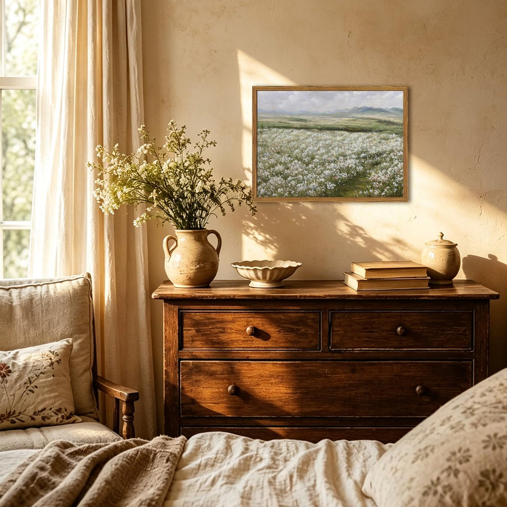 Framed Vintage Landscape Wall Art, Country Wildflower Field Pictures Wall Decor, Rustic Nature Flower Paintings