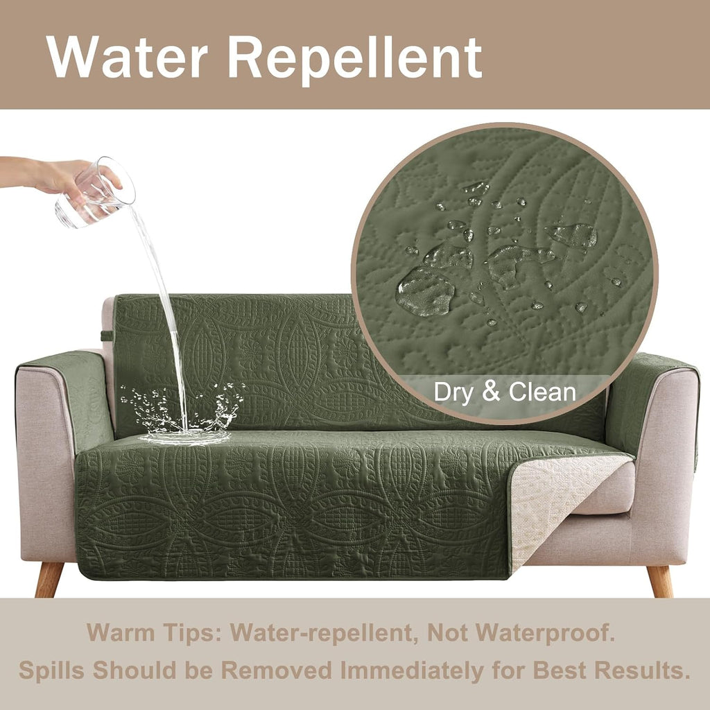 Quilted Olive Green Sofa Slipcovers with Pockets, Anti-Slip Medallion Couch Covers for 3 Cushion Sofa, Couch Cover