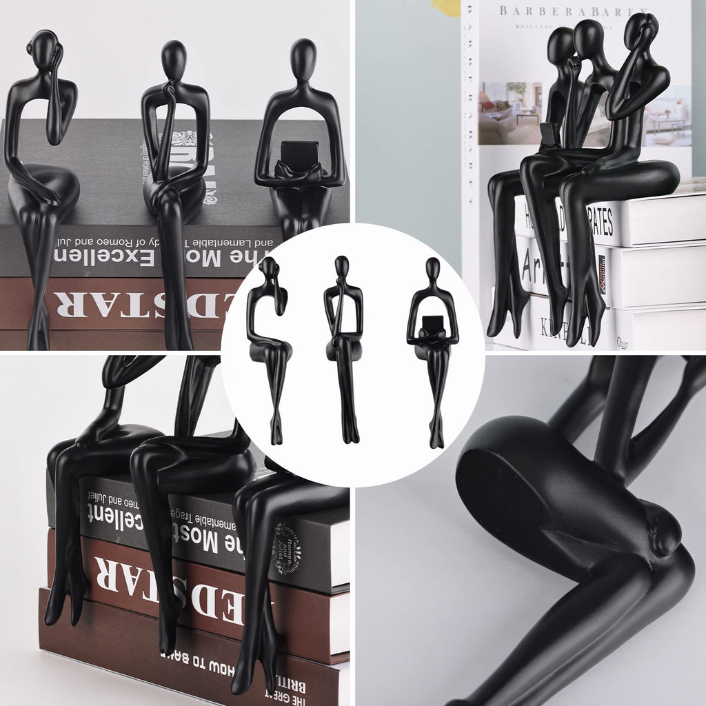Resin Reading Sculpture - Black Sitting Thinker Statue - Abstract Sculptures, Bookshelf Decor Accents - Home Office